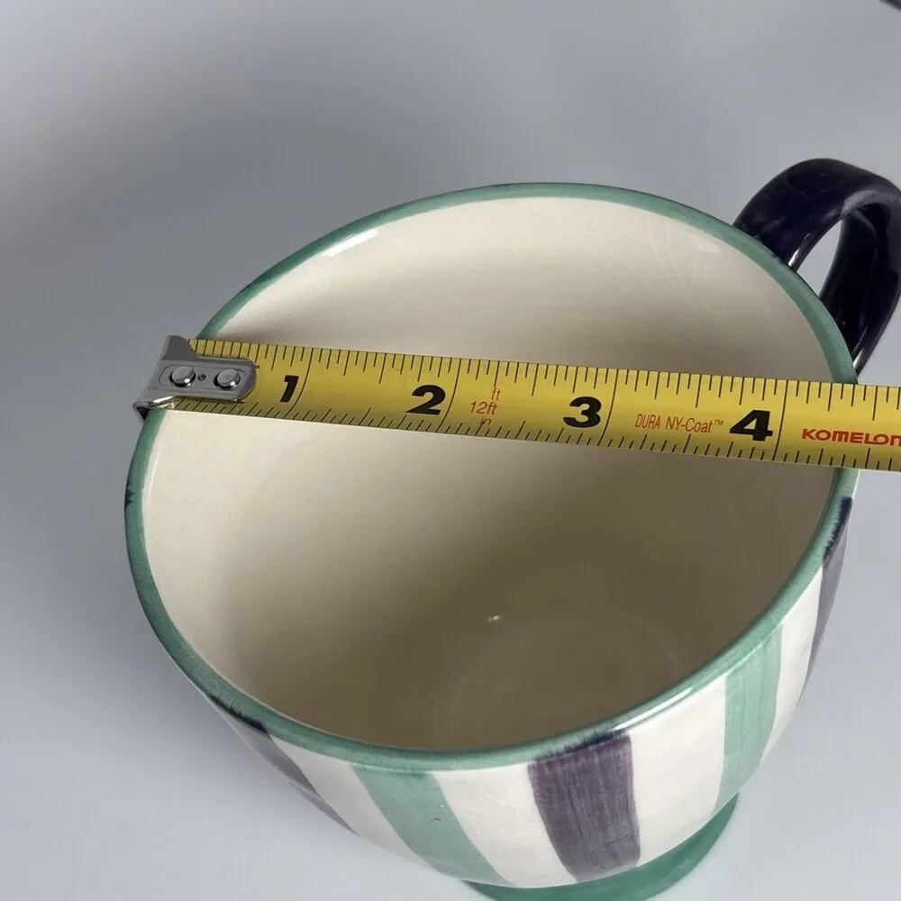 Pier 1 Coffee Mug Green & Purple Striped Hand Painted Stoneware Footed 16 oz GUC